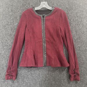 Nanette Lepore Jacket Womens 6 Burgundy Black Houndstooth Leather Trim Blazer